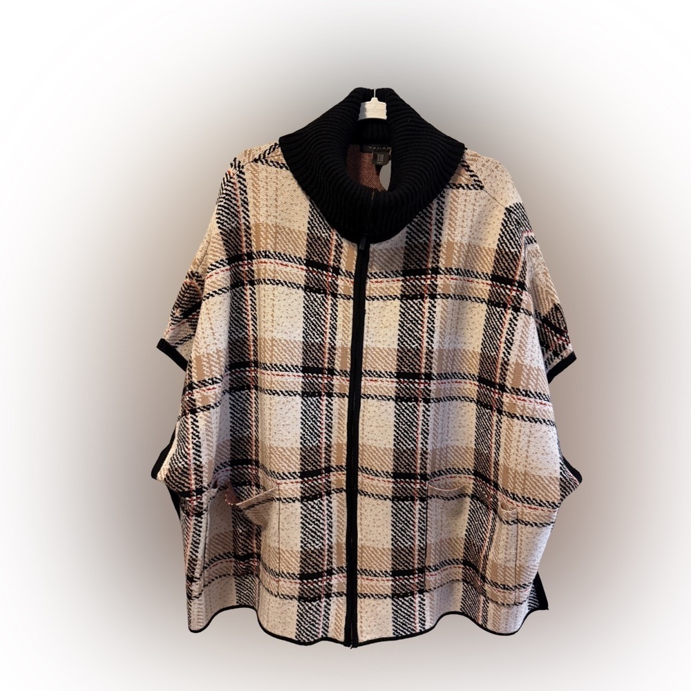 NWOT Tahari Plaid Full Zip Poncho Cape Knit Sweater, Size S/M - Picture 7 of 10